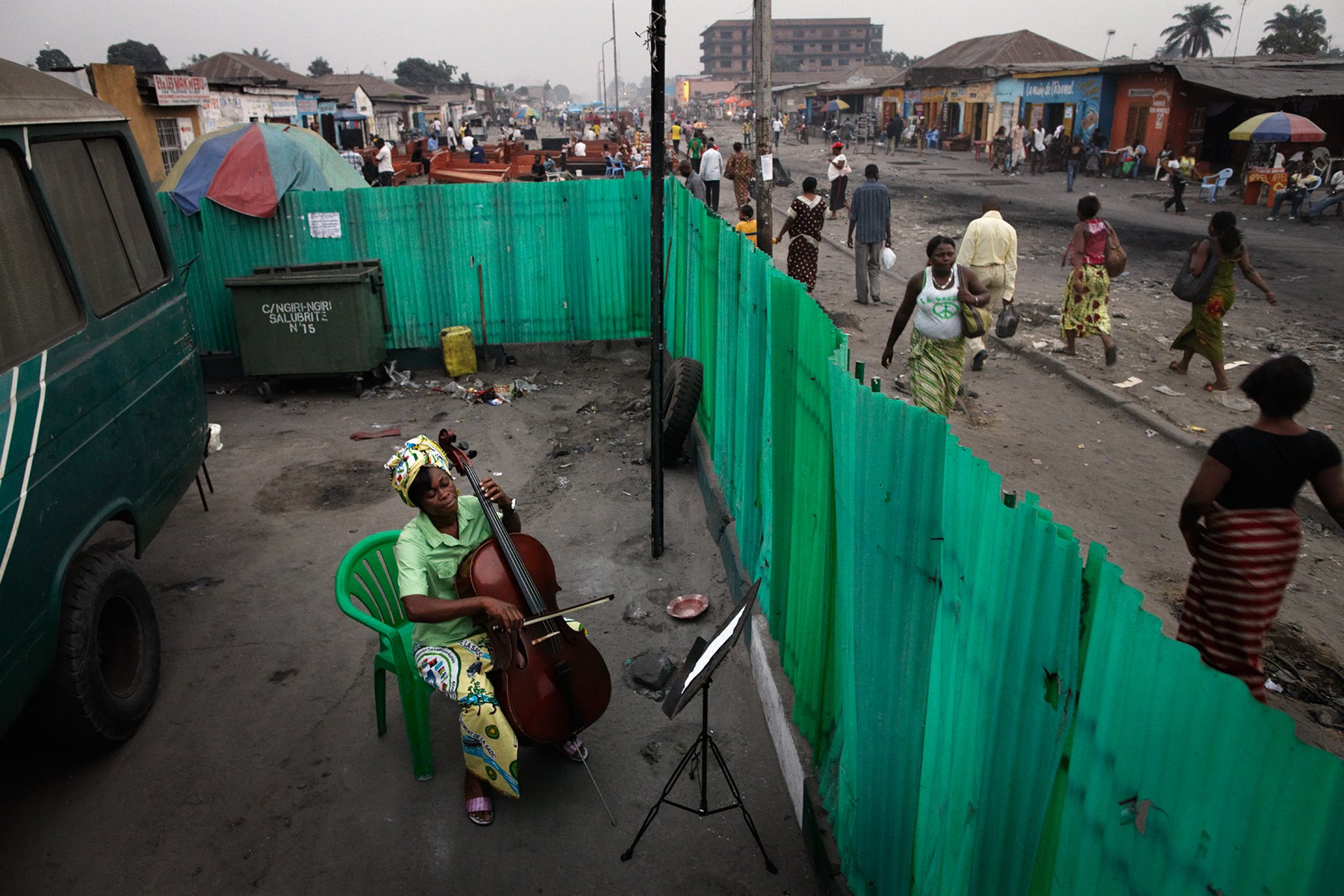 Joséphine Nsimba Mpongo, 37, practices the cello in the Kimbanguiste neighborhood of Kinshasa, Democratic Republic of Congo.